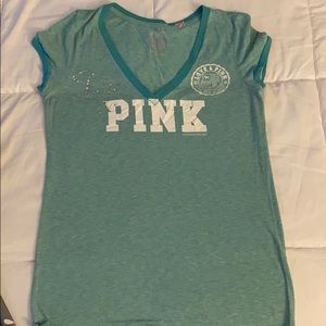 L Pink Brand Vneck teal tee with rhinestones.